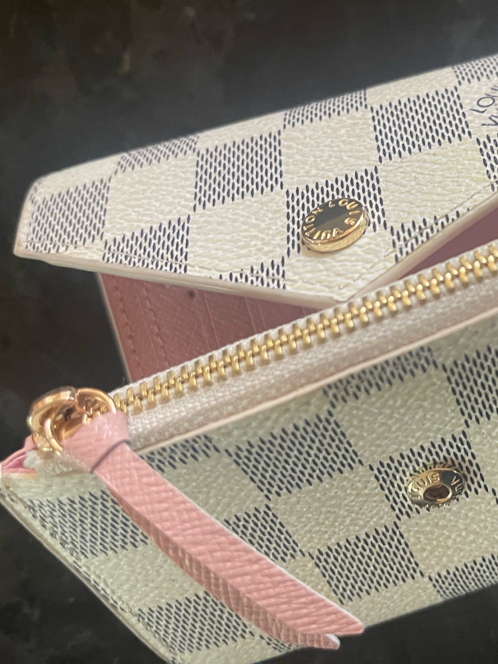 Checkered Damier  Pink Trim Compact Wallet for coins and credit cards